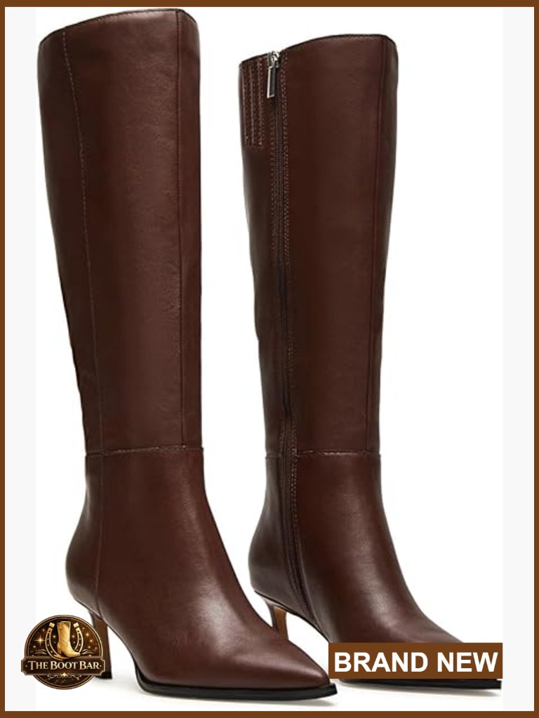 Kitten Heel Knee High Boots Side Zipper Pointed Toe Leather Dress Boots